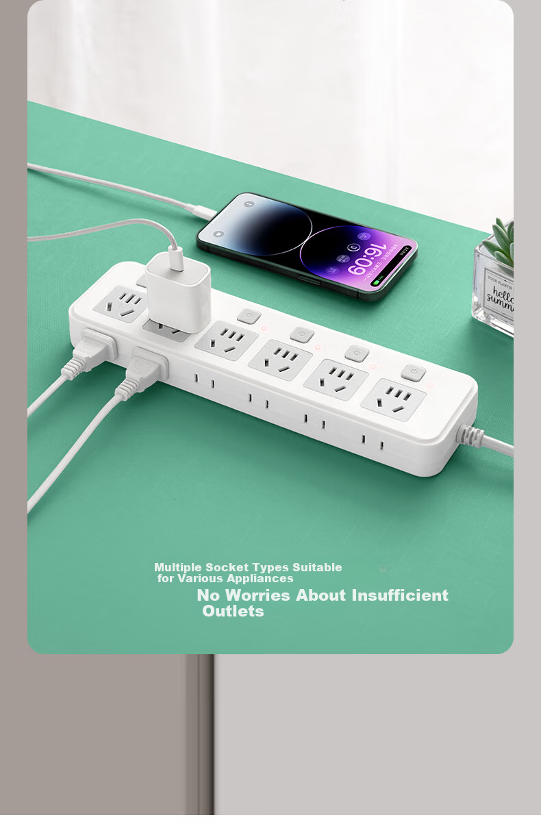 Sushiermo 10A to 16A + 10A 4KW High Power Conversion Plug/Power Strip/Extension Board with 8-Position Independent Switch 2.8m Cord for Air Conditioner/Water Heater 8