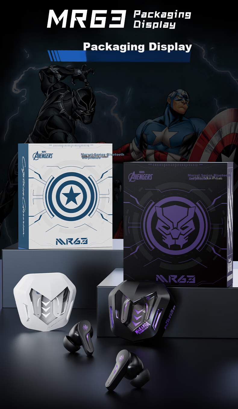 DISNEY Marvel Collaboration Bluetooth Earphones High-Value Mecha Gaming Surround Sound In-Ear Headphones Back-to-School Gift for Boys MR63 Black Panther 11