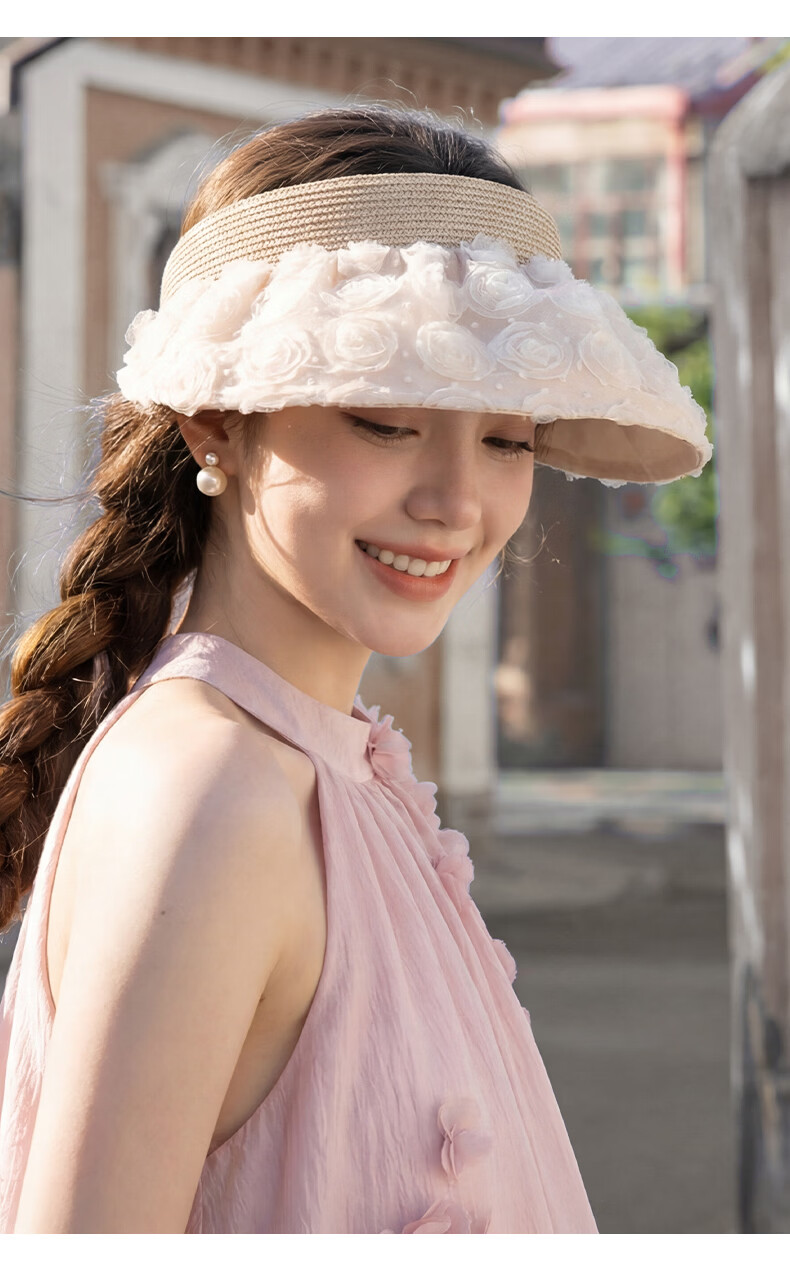 CACUSS Large Brim Shell Open-Top Hat for Women Summer Outdoor Face-Slimming Sun Hat Vacation Style White 12