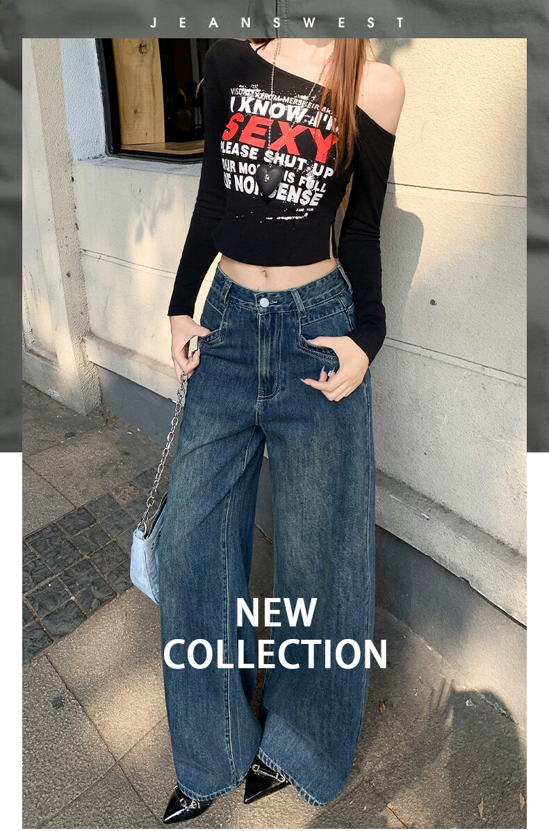 Jeanswest High Waist Women's Flared Jeans 2026 Spring Summer Slim Fit Retro Blue Wide Leg Pants S 1