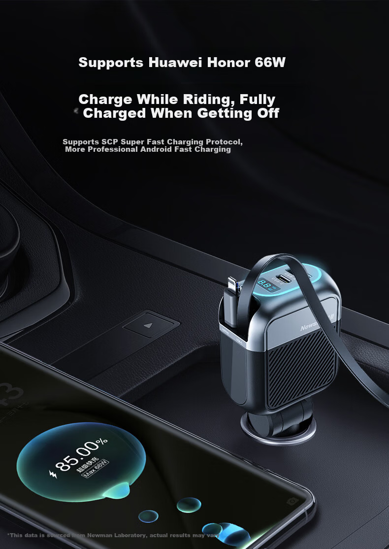 Newsmy Car Charger Super Fast Charging with Retractable Cable Multi-Function 3-in-1 Cigarette Lighter Adapter Car Charger 9