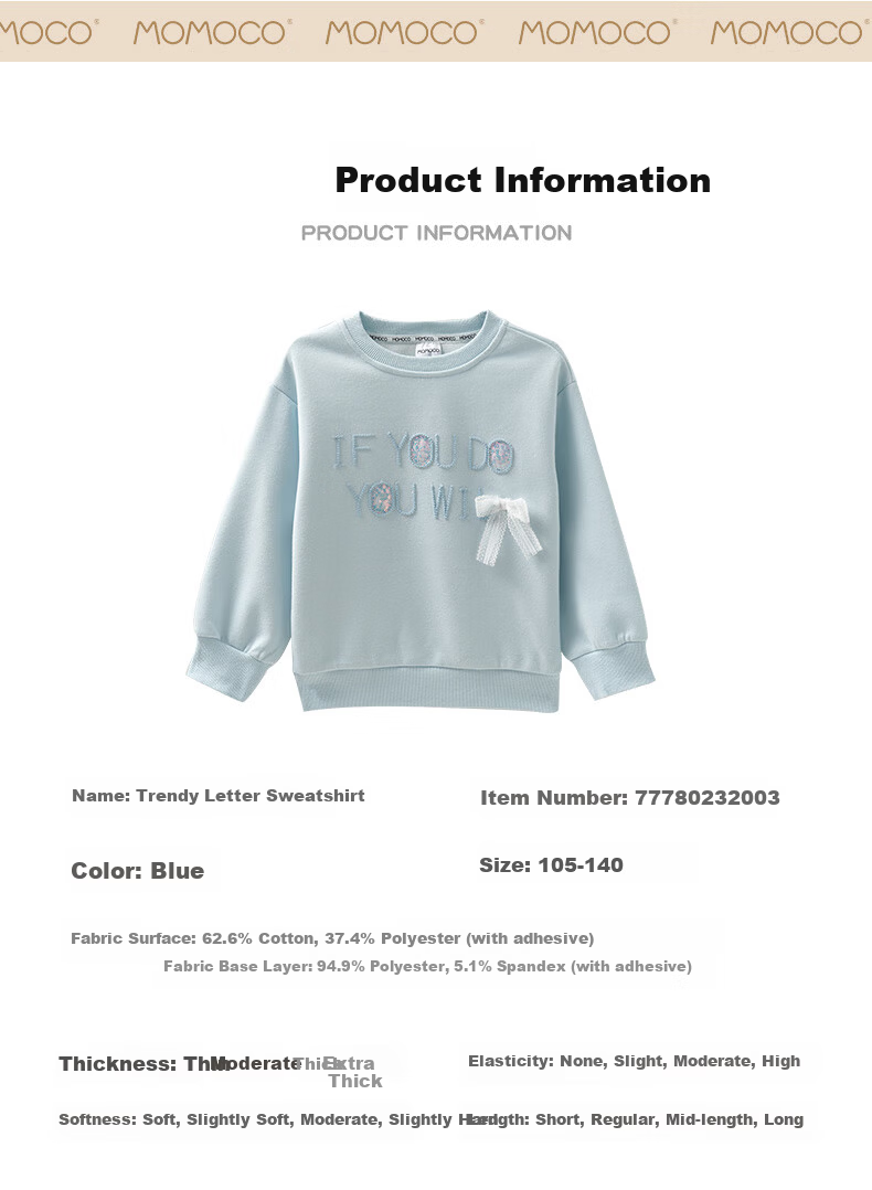 MOMOCO Girls' Sweatshirt Autumn Winter Long Sleeve Cute Sweet Stylish Versatile Hoodie 03 Blue Size 90 9