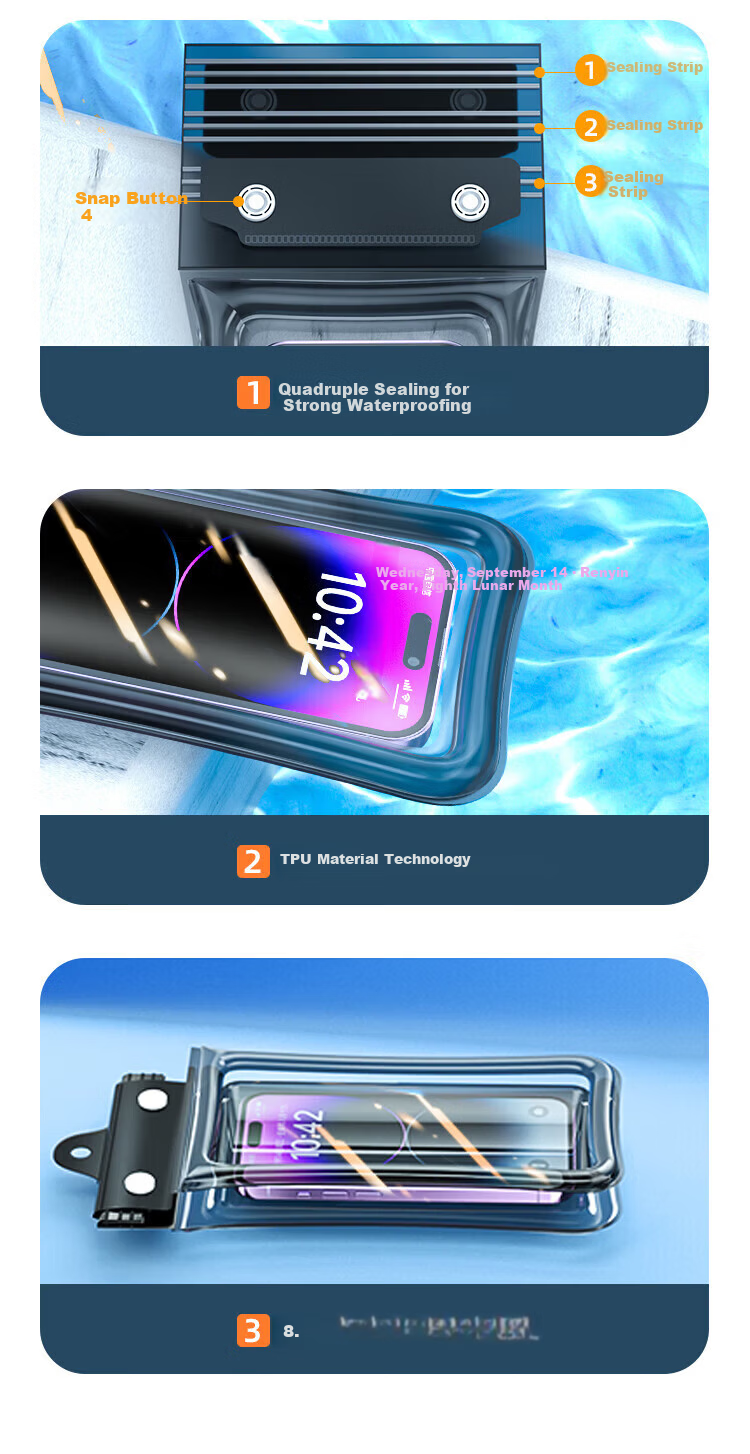 Beiyipin Transparent Waterproof Phone Pouch Touchscreen Swimming Beach Floating Water Park Sealed Lanyard Airbag Phone Case Neck Hanging Waterproof Rainproof Hot Spring Deep Diving Sealed Bag 10