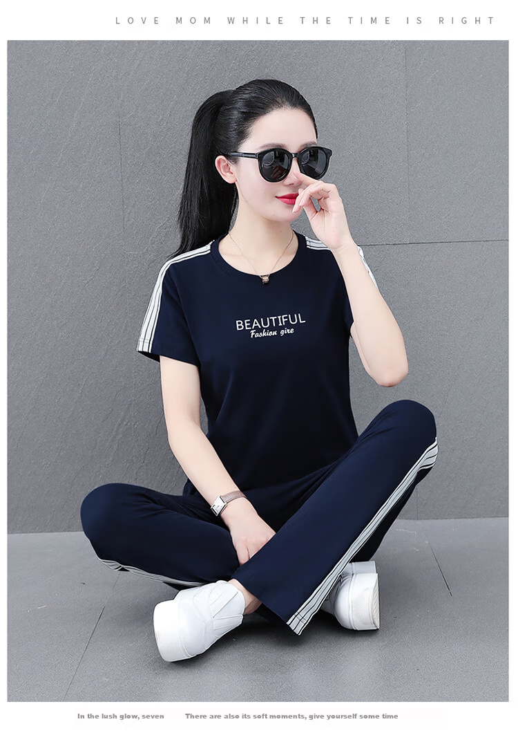 Woodpecker Pure Cotton Women's Summer Sportswear Set Loose Short Sleeve Long Pants Middle-aged Mom Casual Two-piece Suit Royal Blue 4XL 11