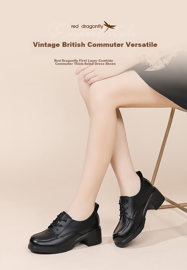 Red Dragonfly Women's Single Shoes First Layer Cowhide Small Leather Shoes British Casual Commuter Chunky Heel WLB152881 Black Size 39 1