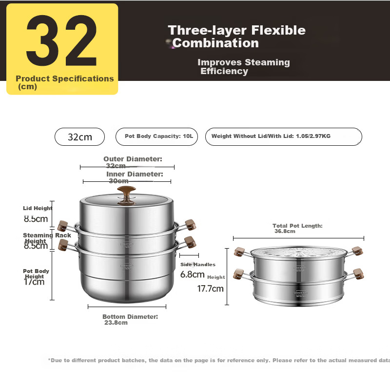 COOKER KING 316L Stainless Steel Three-Layer Steamer Pot with Composite Bottom, Household Soup Pot, Visible High Dome Lid, 32cm