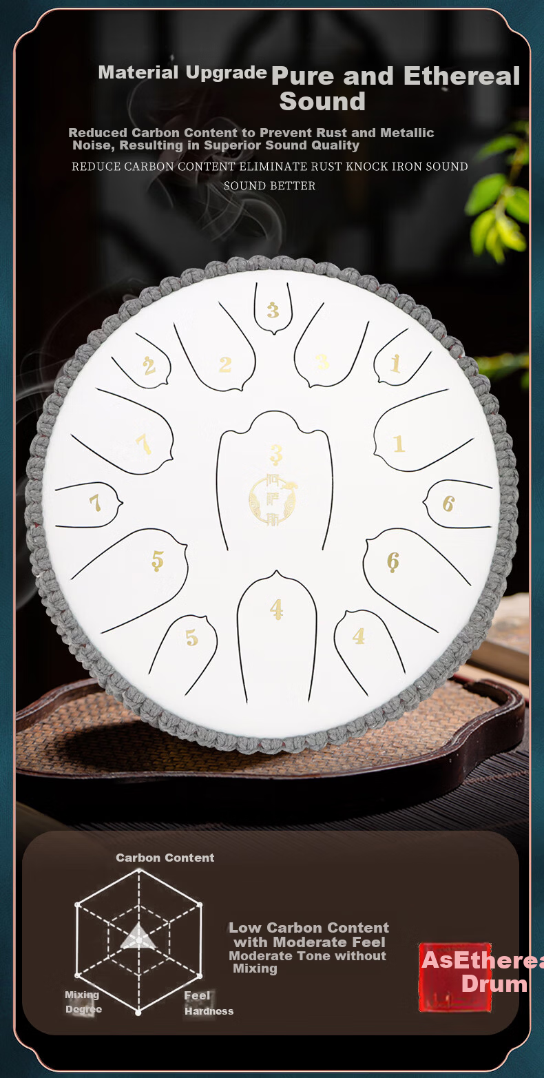 Asas Ethereal Drum 15-Note 14-Inch Adult Professional Beginner Upgraded Carbon Steel Tongue Drum Lotus Spotted Green 3