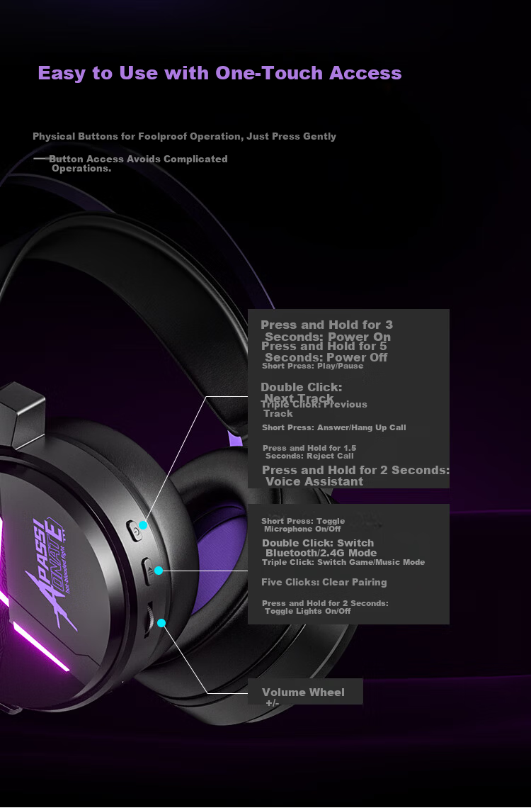 Taidu THS319 Extreme Electric 2.4G Wireless Bluetooth Wired 7.1 Virtual Surround Sound Four-Mode Over-Ear Gaming Headset Black Purple 11