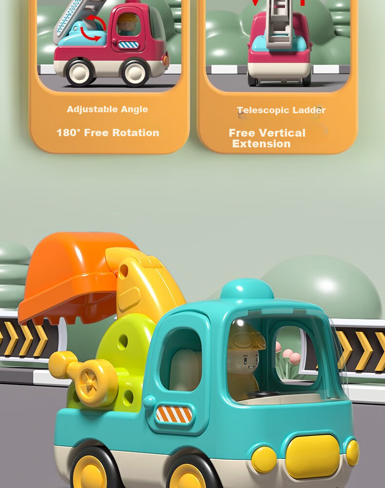 GOODWAY Children's Toy Car for Ages 1-3, Fire Truck Excavator with Inertia Sliding, Gentle on Hands, Gift Box Set, Birthday Present 12