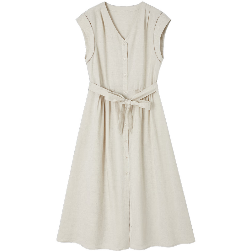 Demana [With Linen Cotton] Summer Commuter Style Lace Splice Cap Sleeve V-Neck Waist Cinched A-Line Mid-Length Dress for Women