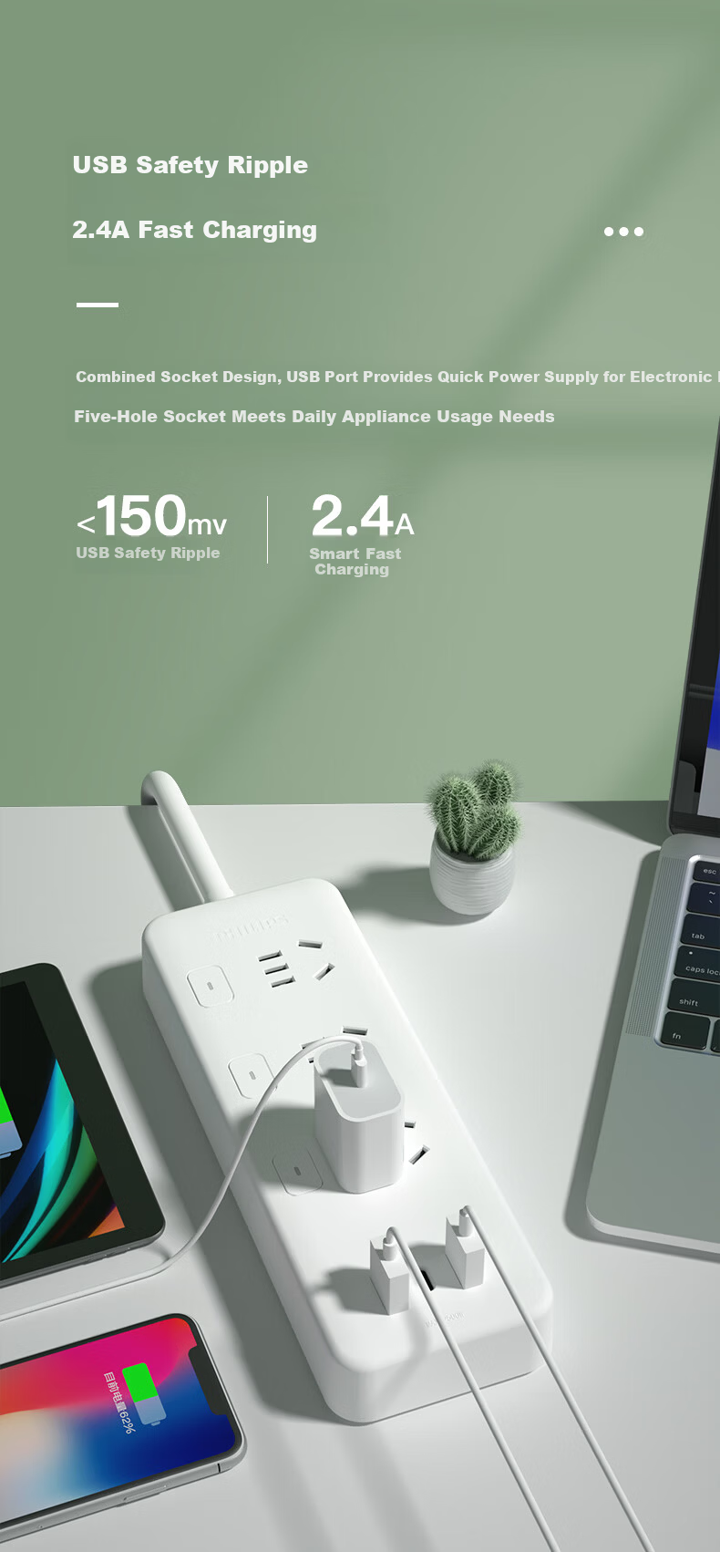 PHILIPS 30W GaN Fast Charging Surge-Protected Power Strip 6-Outlet Combo with Master Control 1.8m High Power Protection Extension Cord 3