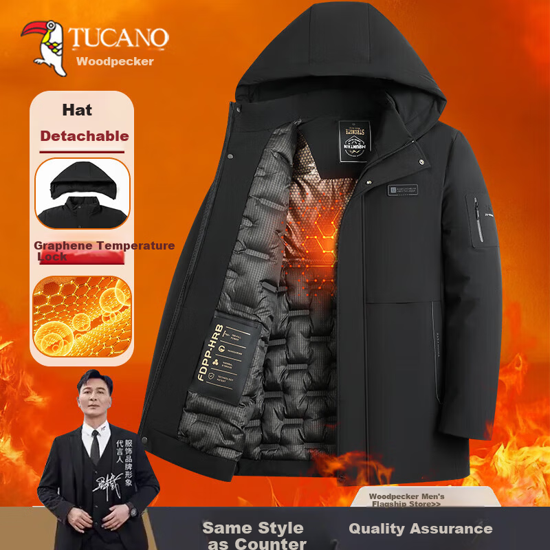 TUCANO Men's Winter Cotton Padded Jacket Fleece Lined Thick Warm Business Casual Removable Hooded Coat
