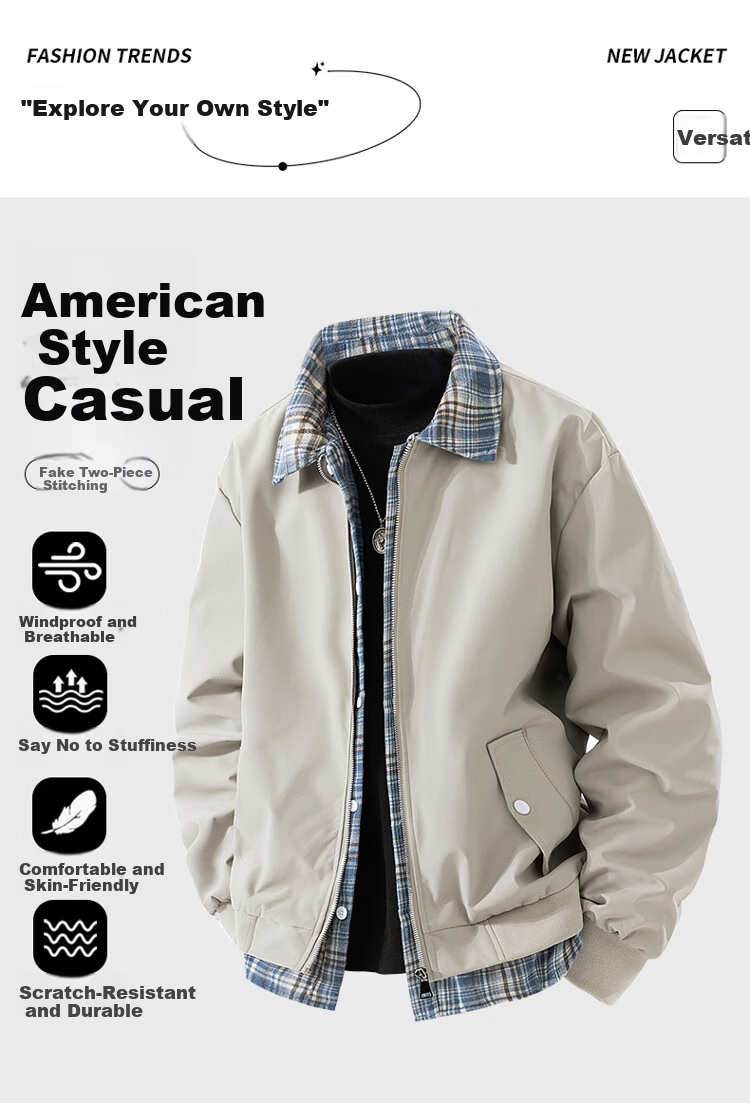 VANCAMEL Men's Youth Lapel Workwear Casual Two-in-One Outdoor Windproof Jacket Beige XL 1