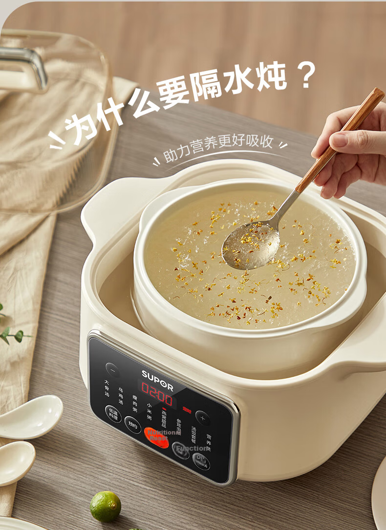 SUPOR Electric Stew Pot, Water Bath Stewing Cooker, Household Porridge and Soup Pot, Bird's Nest Stew Pot with White Ceramic Inner Pot, Steaming and Stewing DZ25FC859 2.5L Multifunctional Cooker 7