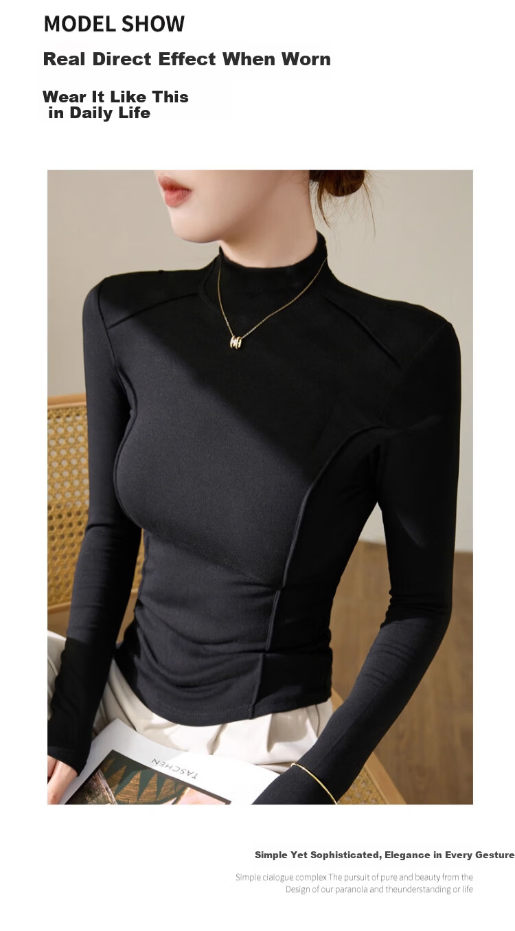 LangSha Women's Semi-Turtleneck Wool and Silk Thermal Slim Fit Herringbone Autumn Winter Base Layer Shirt 15