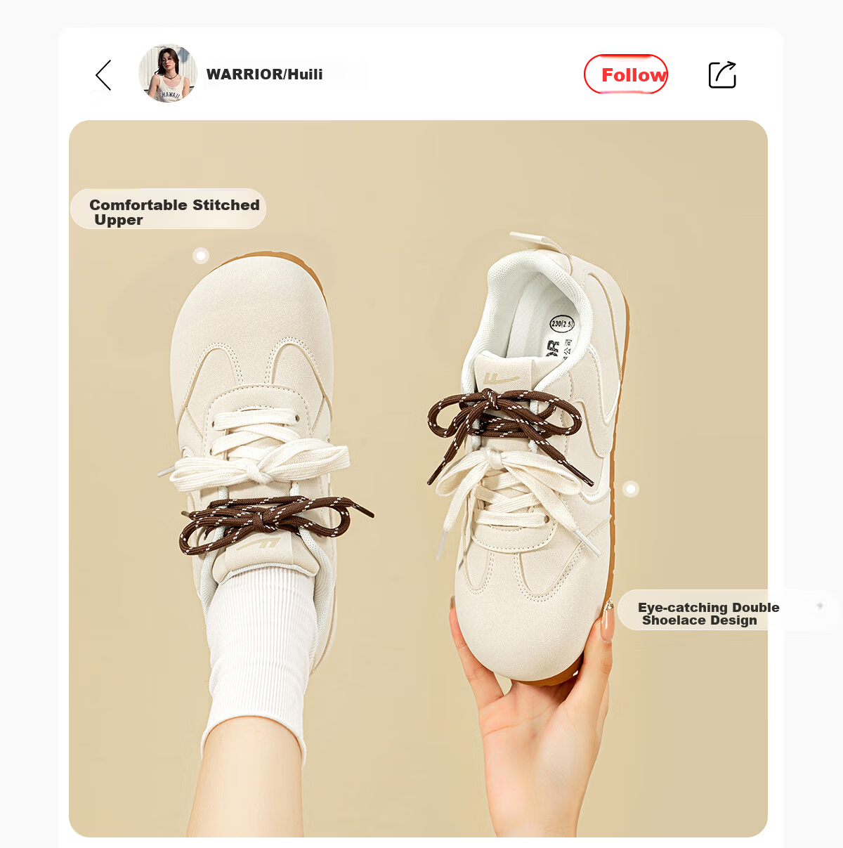 Warrior Women's Casual Ballet Style Sneakers Spring Summer Beige Size 40 Comfortable Soft Sole Fashion Versatile Shoes 3