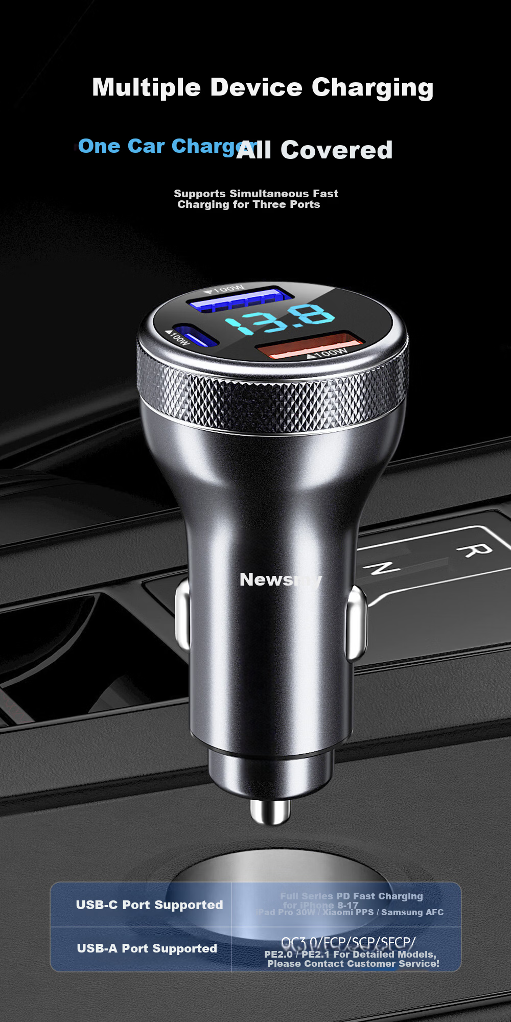 Newsmy 100W Super Fast Car Charger with Cable, Triple USB Port Cigarette Lighter Adapter, Type-C High Power Car Charger Compatible with Apple 17 3