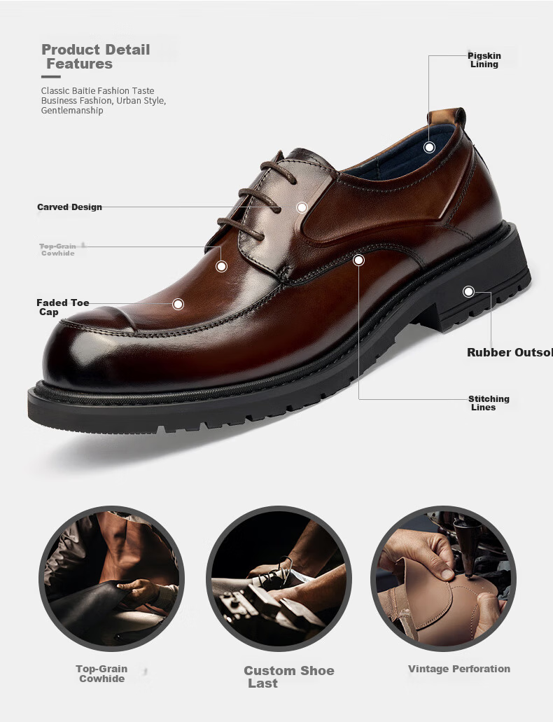 LAORENTOU Men's Leather Shoes, Top-Grain Leather, Classic Business Dress Shoes, Thick-Soled Formal Leather Shoes, 522010119, Black, Size 43 6