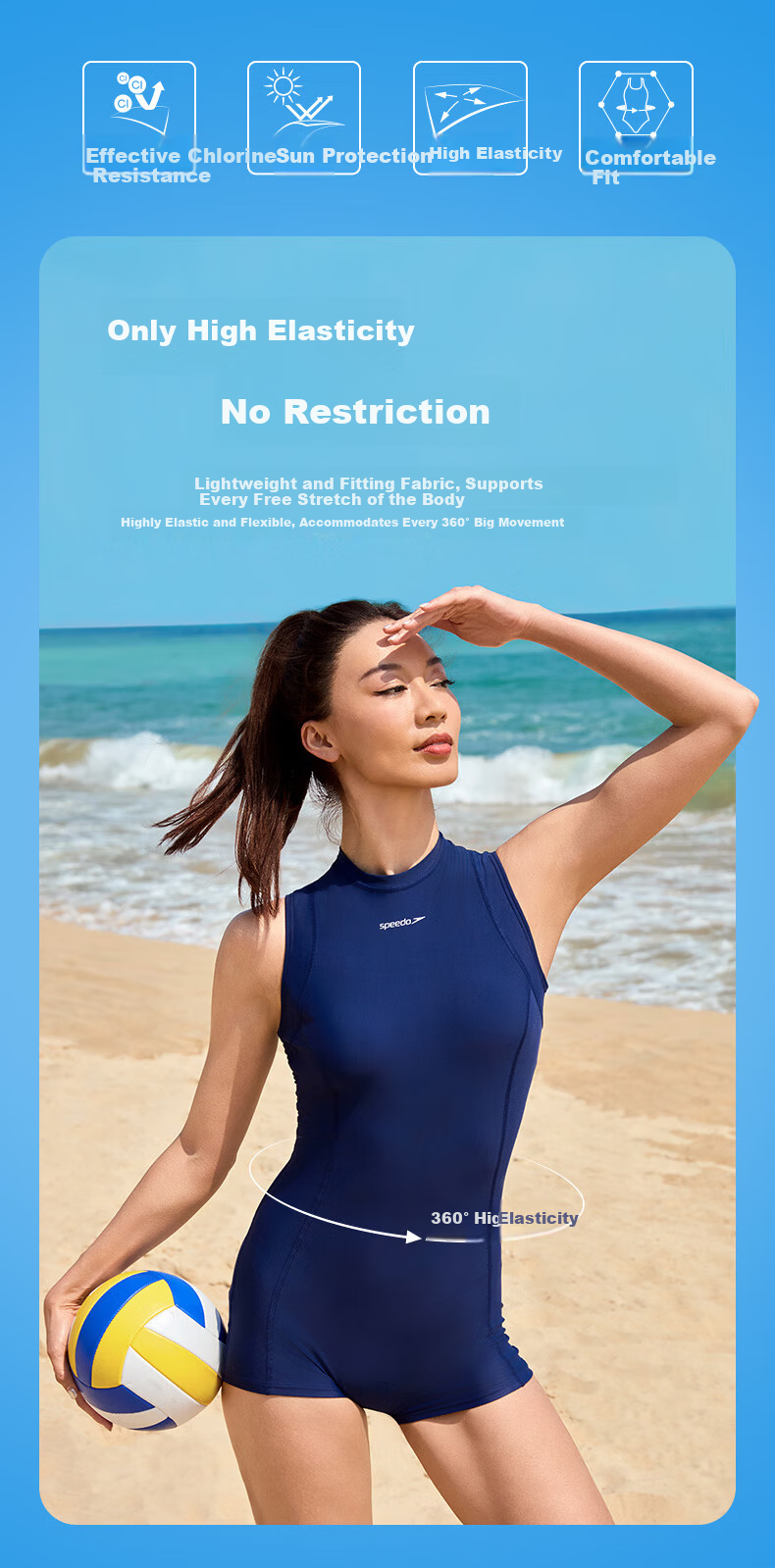 Speedo Free Freedom Skin Series Graceful Freedom High Neck Sleeveless Square Leg One-Piece Swimsuit for Women Hot Spring Bay Blue Size 38 2