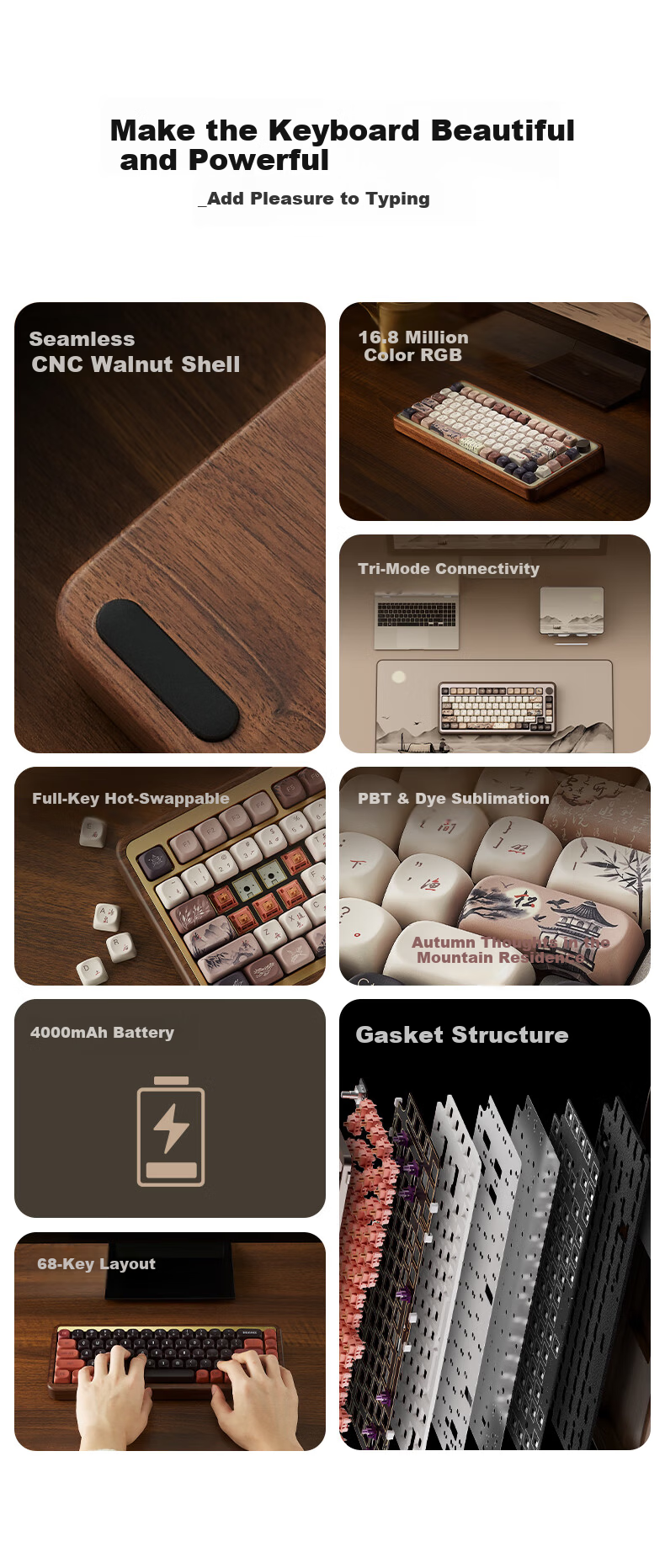 AKKO MU01 Wooden Wireless Tri-Mode Mechanical Keyboard Custom Gasket Structure CNC Walnut Ink Wash Style Wired 68-Key Gaming Office Keyboard 1