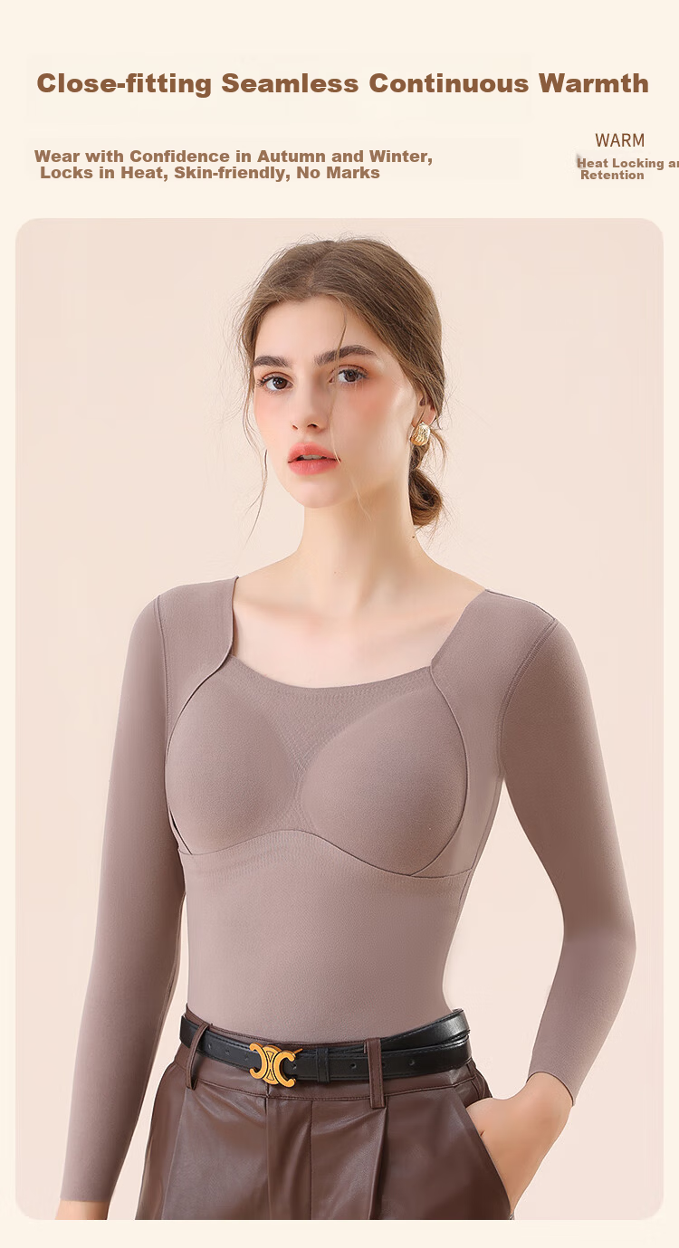 MiiOW Women's Thermal Underwear Autumn Shirt [Cationic Heat Storage] 7A Antibacterial with Chest Pad Autumn Winter Base Layer Top Coffee Color L 9
