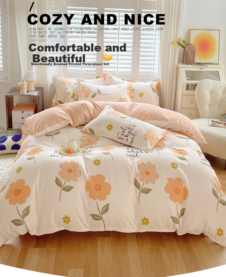 Grace 7A Antibacterial Brushed Cotton 3-Piece Bedding Set Single Dormitory Sheet and Duvet Cover 1.5x2m for 1.2m Bed Early Summer - Orange 1