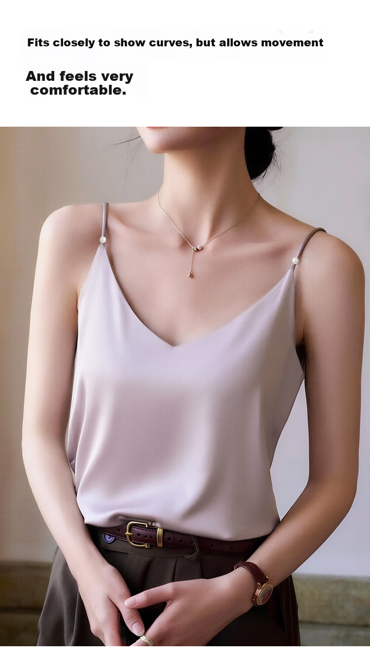 Audifine French Style V-Neck Pearl Strap Satin Loose Fit Sleeveless Tank Top Black XL 10
