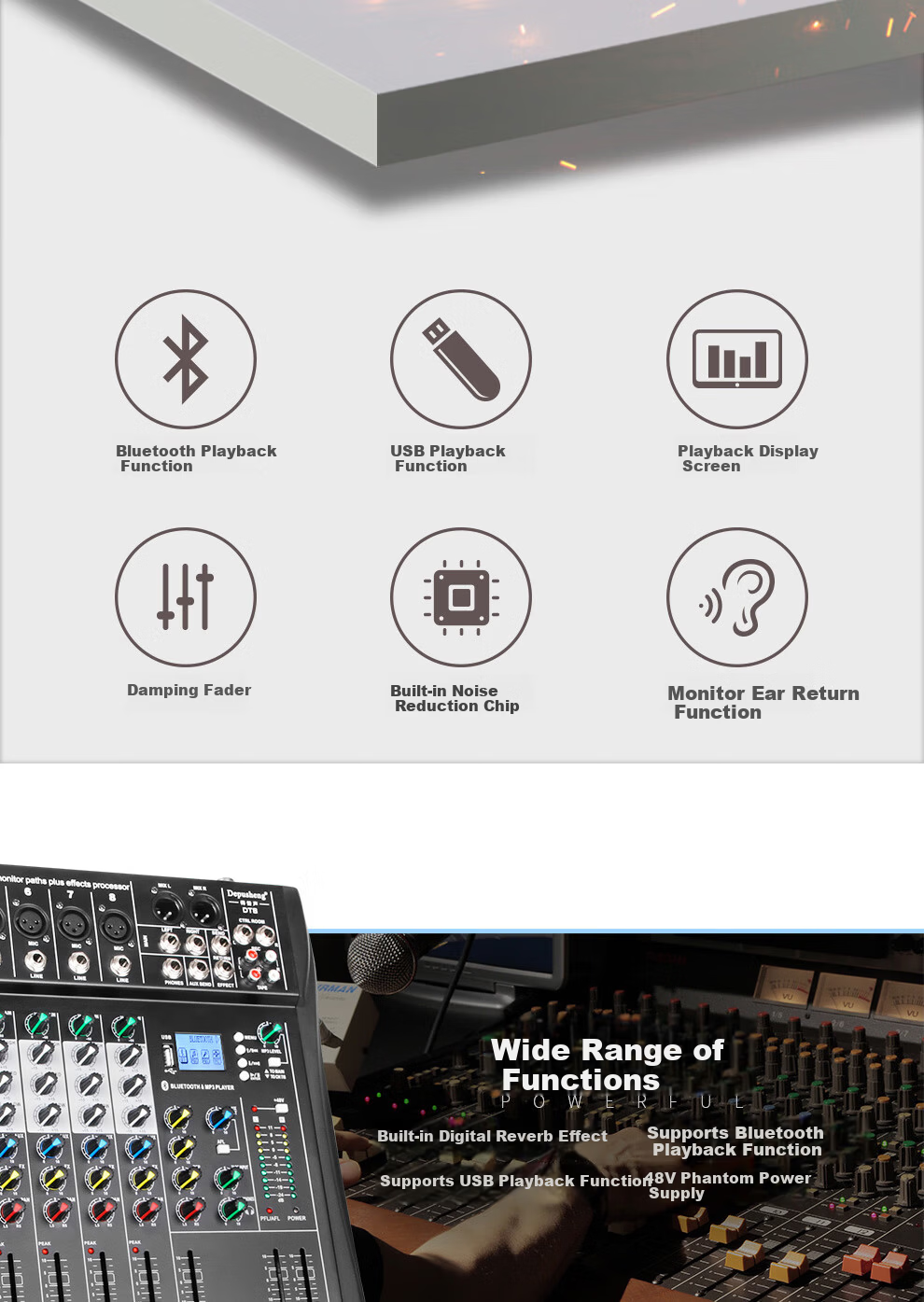 Depusheng DT8 Professional 8-Channel Mixer Stage Performance Video Conference Training Recording Live Singing Reverb USB Bluetooth MP3 Playback Multi-Channel Control Outdoor with Effects Equalizer 2