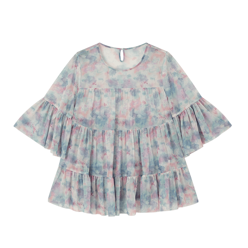 Demana [South of France Time] Summer Romantic Sweet Style Lightweight Mint Leaf Sleeve Printed Loose Slim Shirt for Women High-End Feel