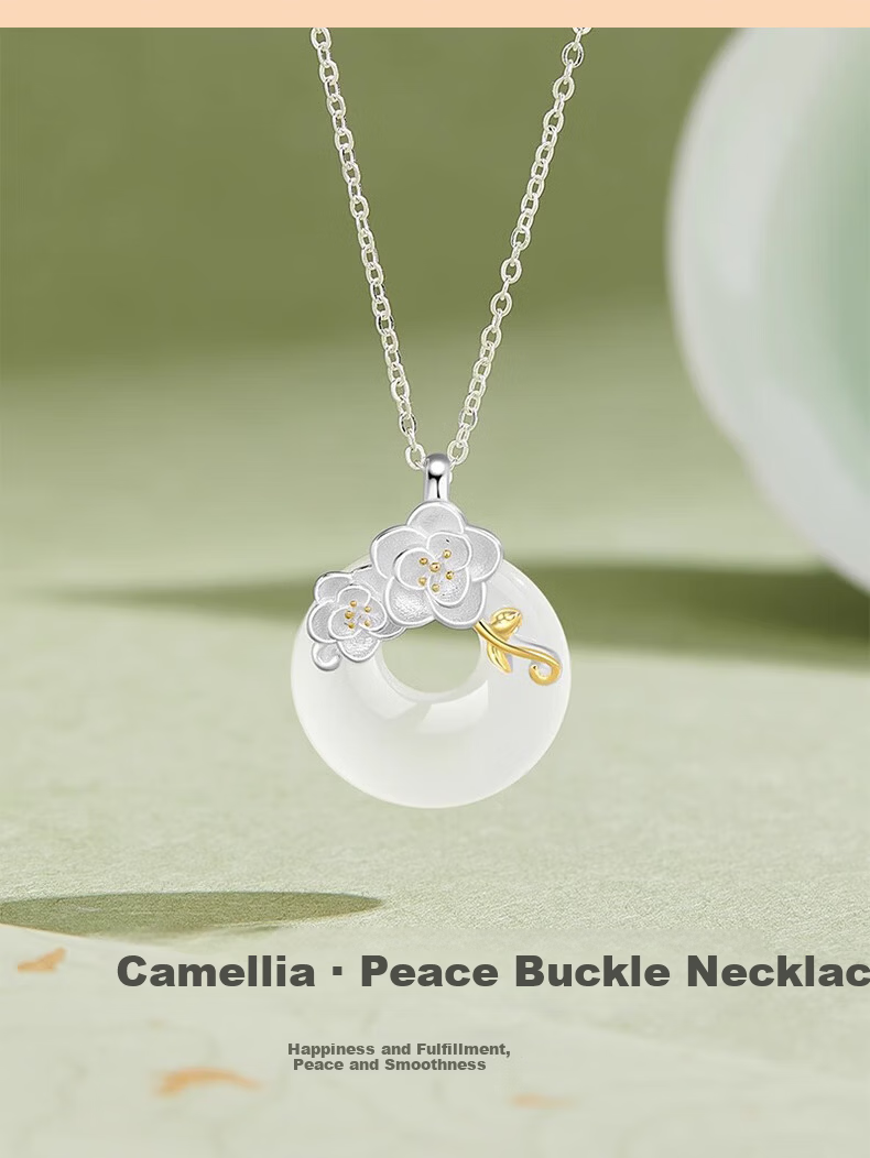Chow Tai Fook Camellia Silver Necklace for Women Luxury Peace Jade Pendant 520 Birthday Gift for Girlfriend 1