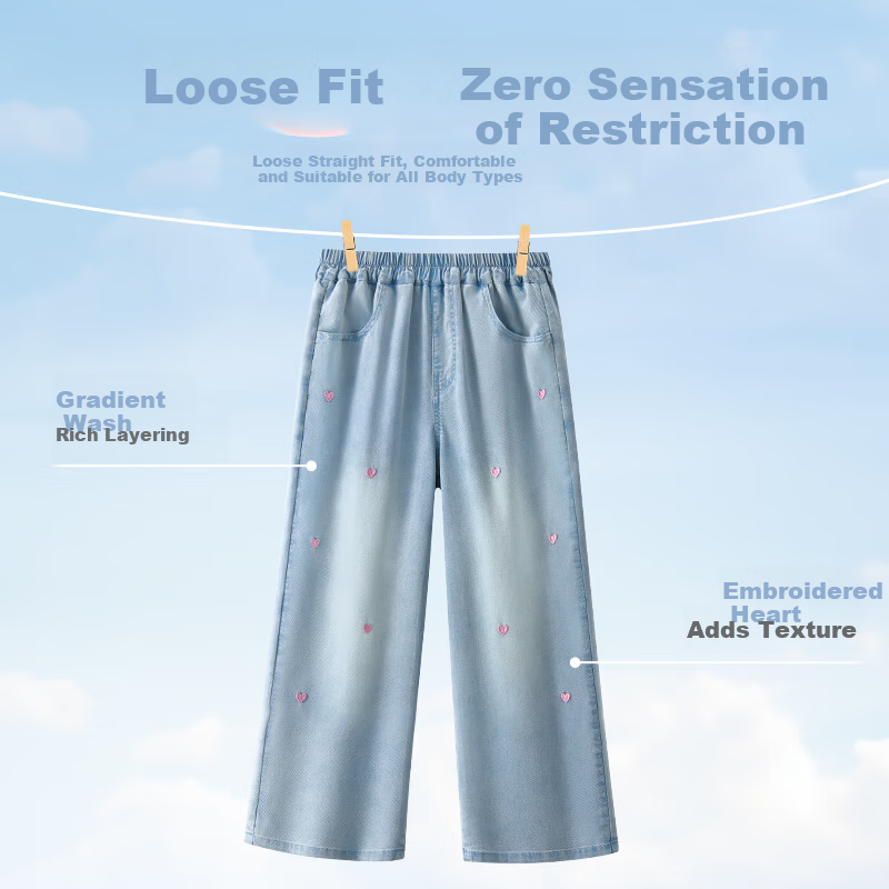 MARCOLOR Marcale Kids Girls Denim Set Summer 2025 New Children's Short Sleeve Wide-Leg Pants Two-Piece Set