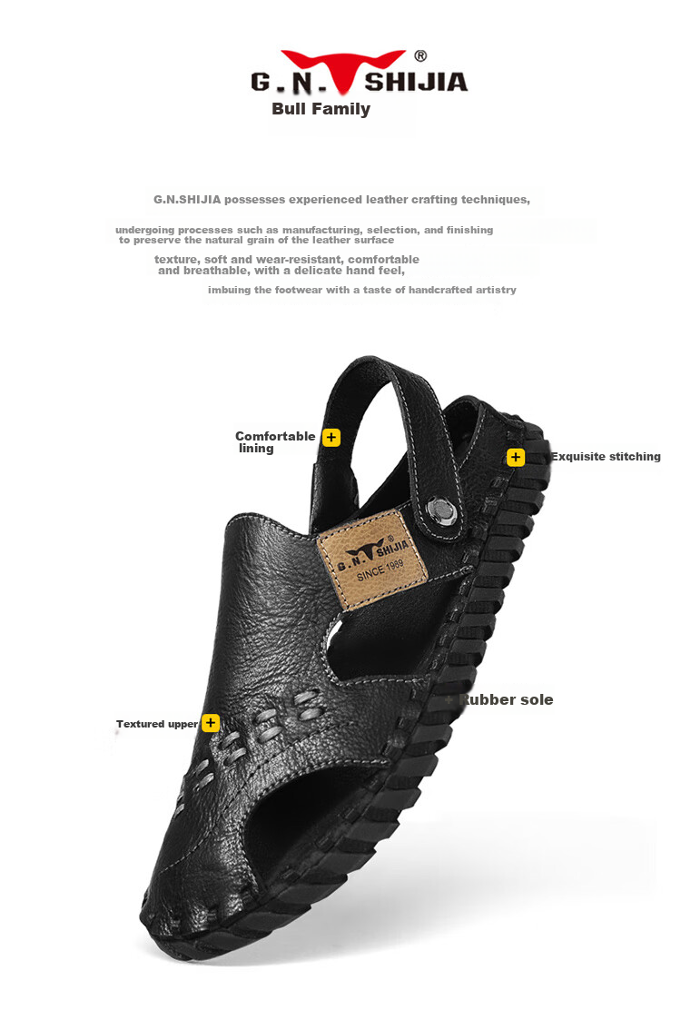 Bull Family Leather Sandals Summer Beach Shoes Men's Driving Outdoor Casual Trendy Soft Leather Soft Sole Handmade Hole Sandals 19