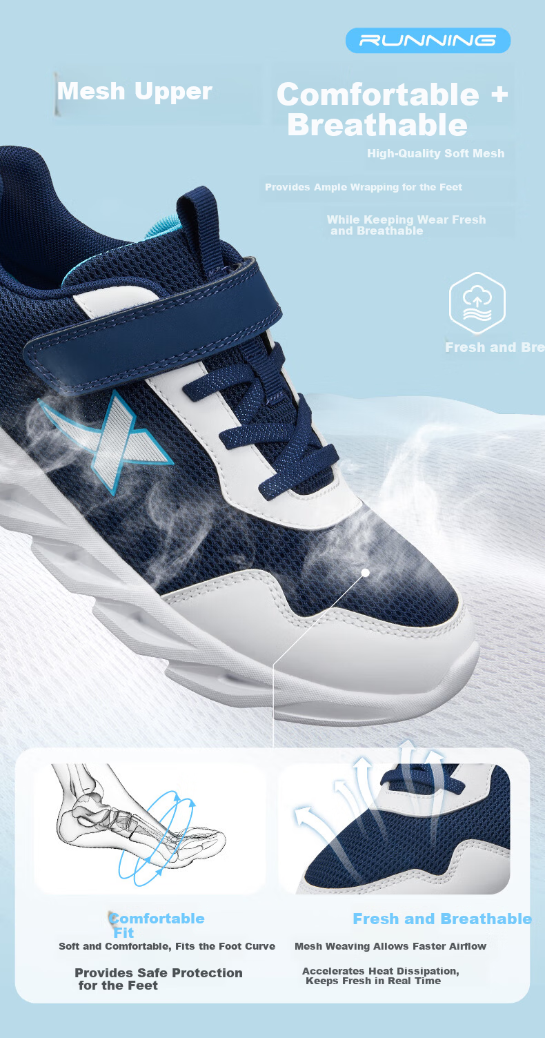 XTEP Kids Basic Sports Shoes Student Campus Versatile Velcro Running Shoes Black/XTEP White Size 35 2