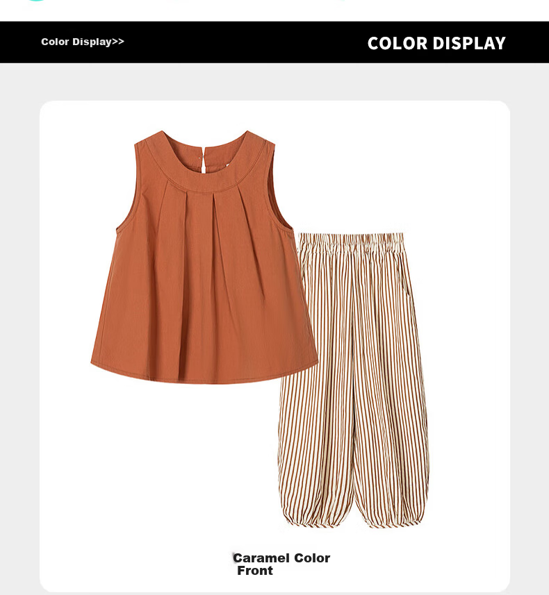 Fulomi Girls' Summer Set Korean Style Sleeveless Top and Versatile Striped Casual Pants Two-Piece Set Caramel Color Size 130 14