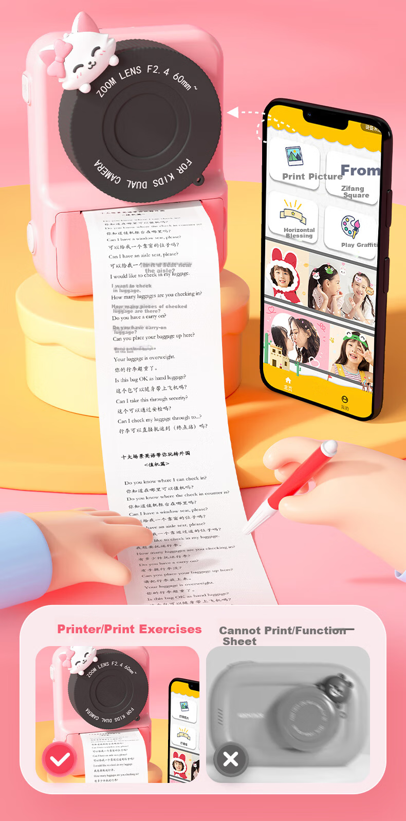 Mengduofu Kids Instant Print Camera Colorful Camera Toy Birthday Gift for Girls Students Age 8-12 13