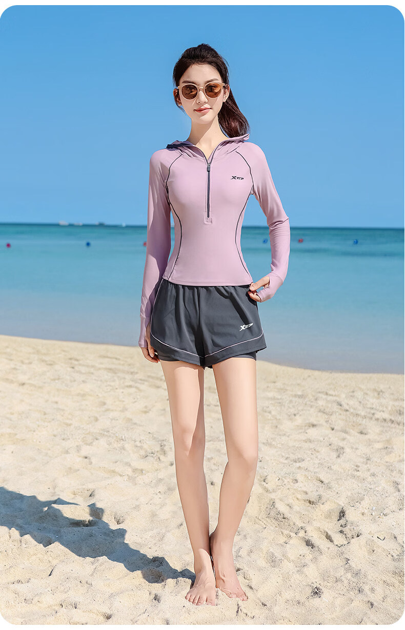 Xtep Women's Long Sleeve Hooded Two-Piece Slim Fit Conservative Casual Sports Swimsuit 10