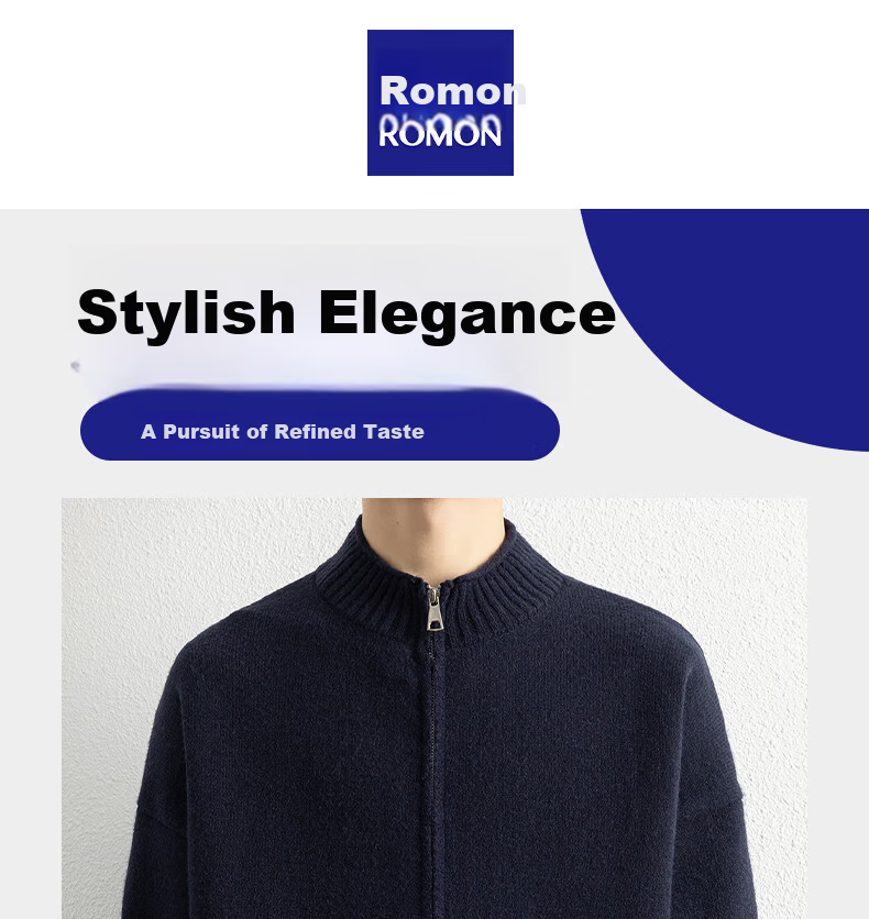 ROMON Men's Knitwear Spring Autumn Casual Loose Drop Shoulder Cardigan Sweater Stand Collar Jacket Navy 3XL ST10 1