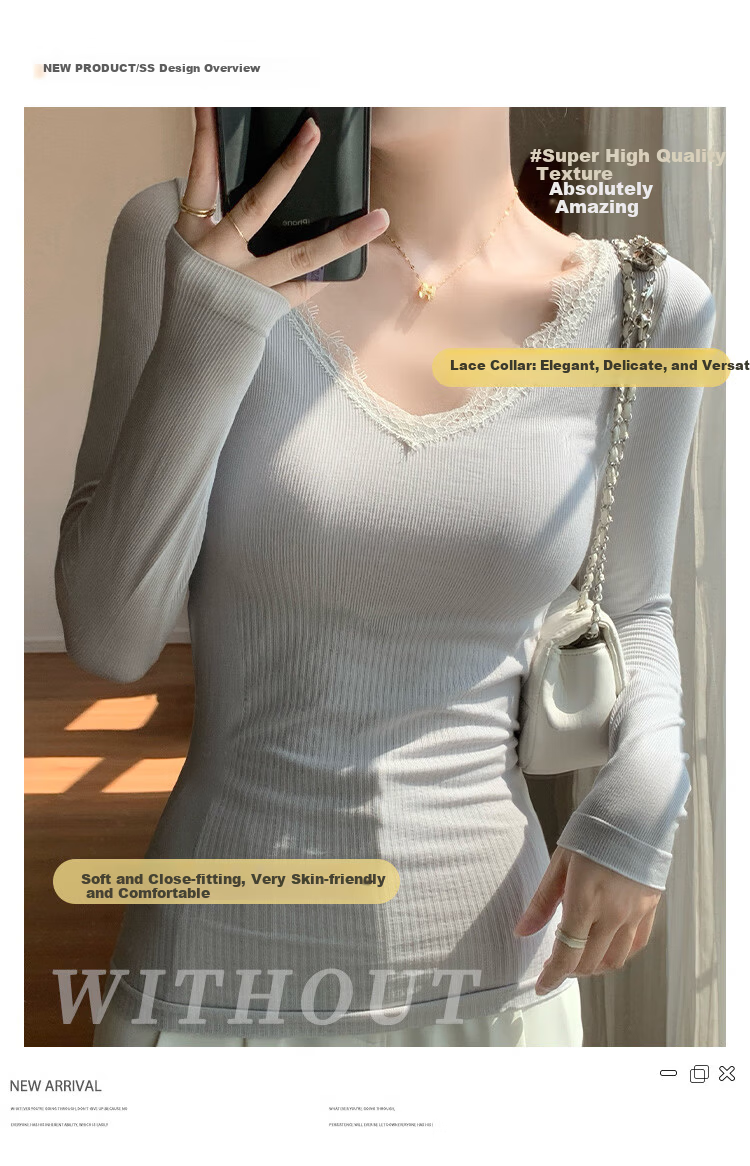 LangSha Women's Ribbed Long Sleeve T-Shirt Slim Fit Base Layer Bra-Free Spring Autumn Top 3