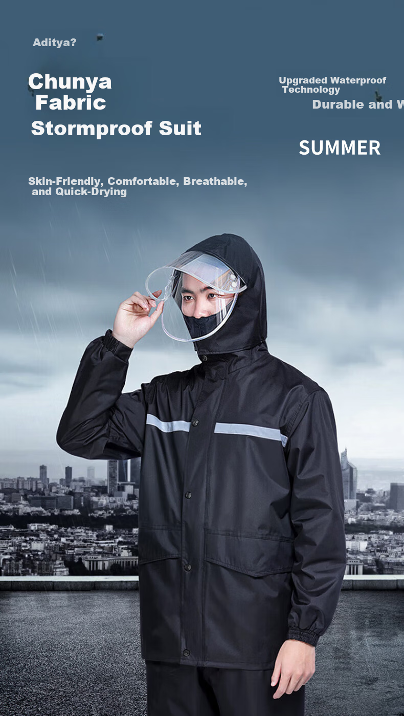 Artiya Chun Yafang Two-Piece Reflective Raincoat and Rain Pants XXL Black Hooded 1