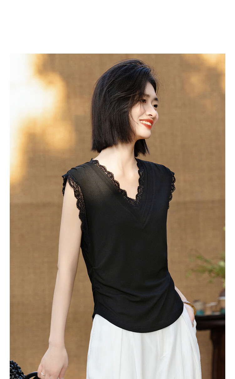 Demana [with Lyocell] Summer Elegant Lace V-Neck Sleeveless Side Ruched Slimming T-Shirt for Women 11