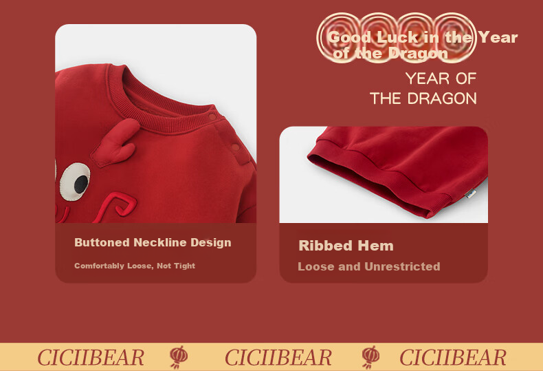 Ciciibear Boys' Dragon Year Red Fleece-Lined Sweatshirt Children's New Year Winter Top Baby Winter Wear 9