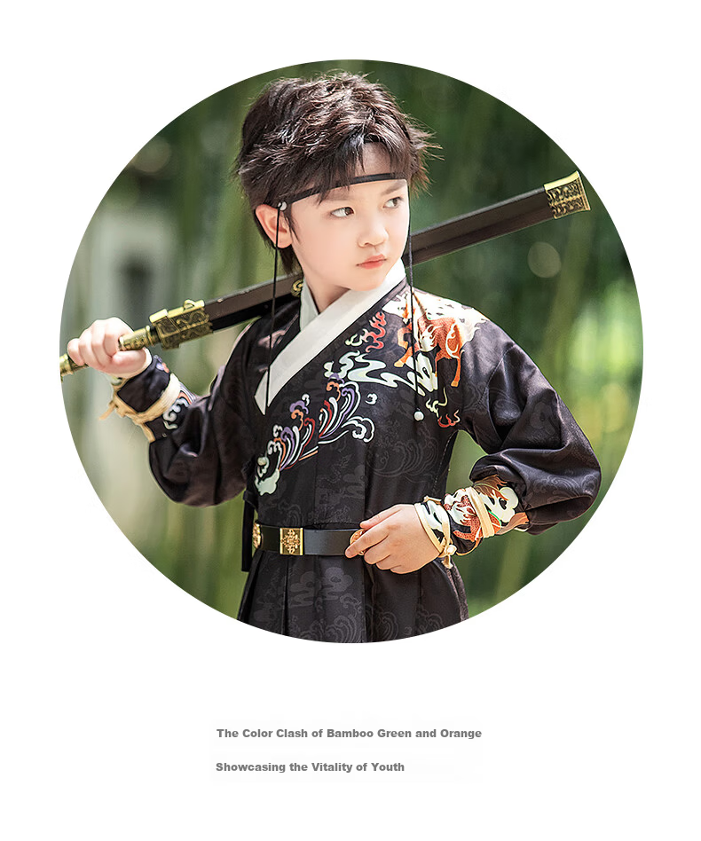 ROMON Boys' Hanfu, New Chinese-Style Ming Dynasty Hanfu, Children's National Style Graduation Performance Costume, Black Flying Fish Outfit, Size 120 10