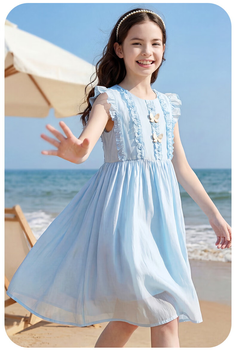 Disney Girls' Tencel Dress Summer New Princess Dress for Older Girls 1A113 Sky Blue 150 14