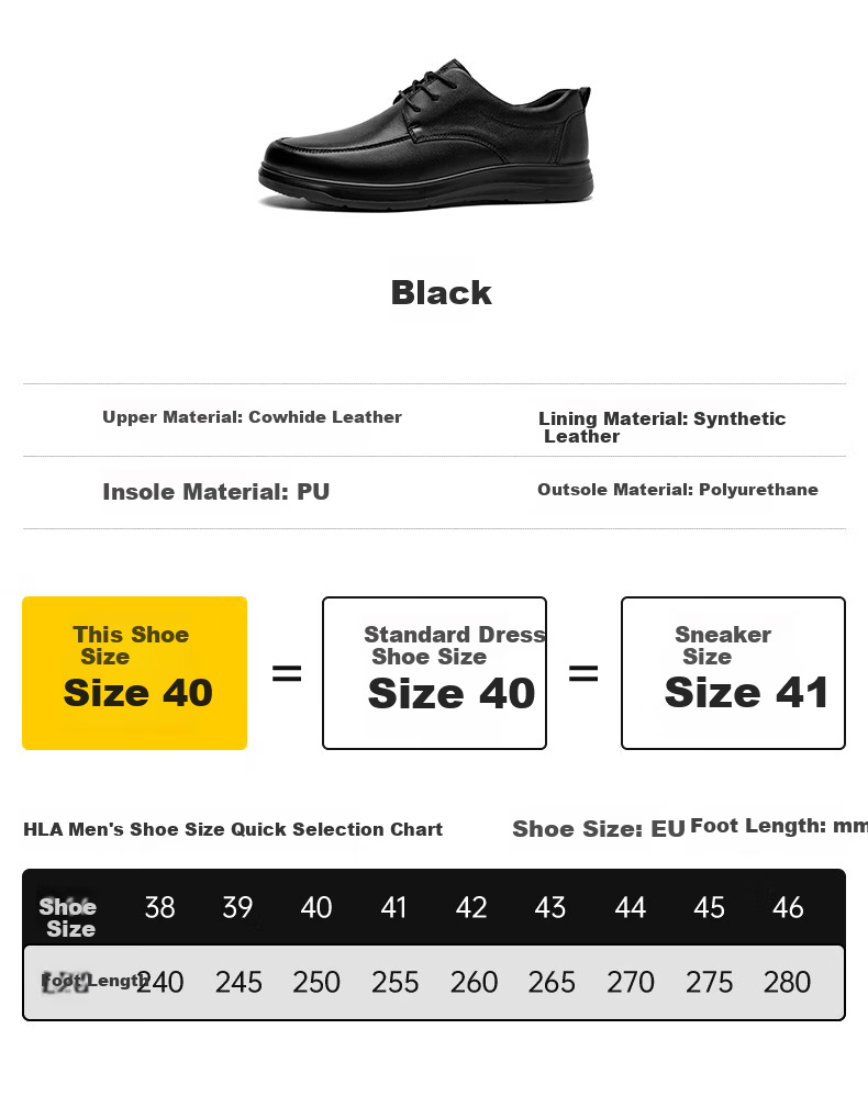 HLA Men's First Layer Cowhide Classic Business Formal Casual Leather Shoes T064 Black Size 42 4