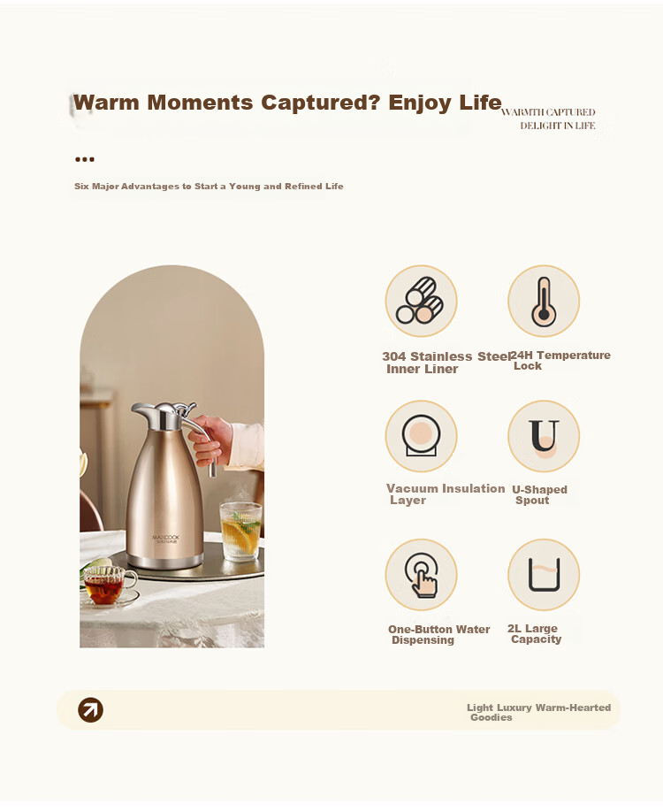 MAXCOOK Insulated Flask 304 Stainless Steel Vacuum Thermos Home Dormitory Hot Water Bottle 2L Natural Silver MCH-478 2