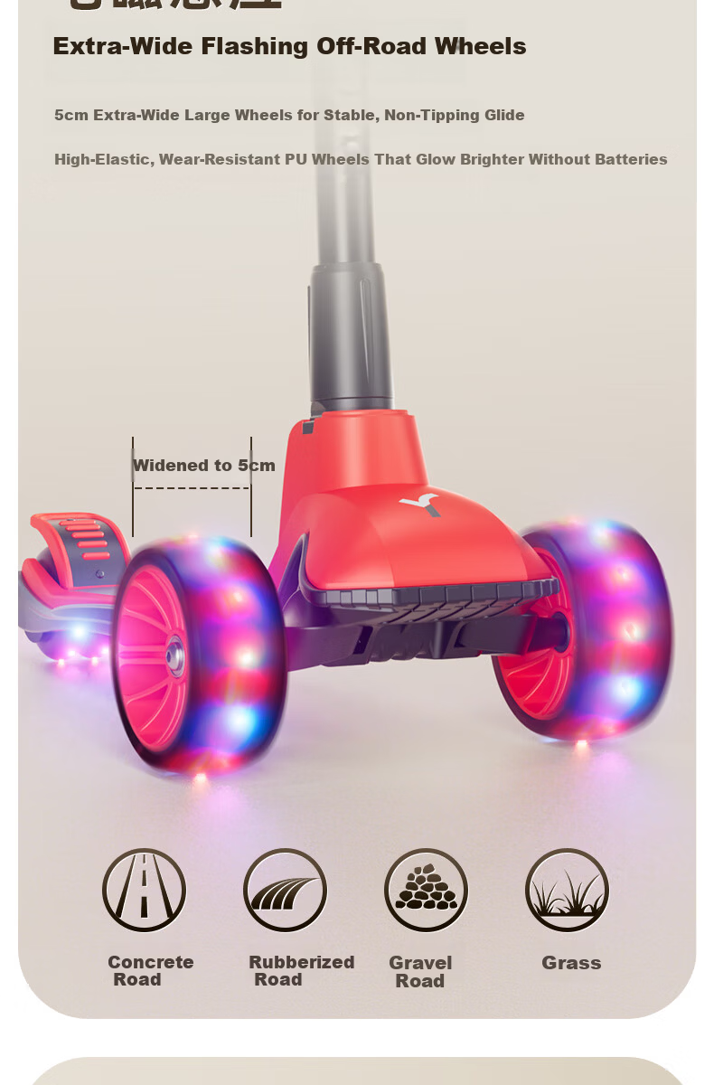 YODONA Kids Scooter 2-3-6-8 Years Old Balance Bike Flashing Enlarged Foldable Scooter Red 4