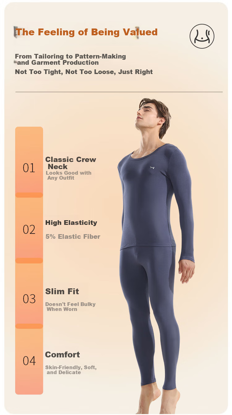 MiiOW 80S Modal Xinjiang Cotton Men's Thermal Underwear Set, Autumn Undershirt And Pants, Slim-Fit Base Layer Cotton Sweater, Heather Gray 11