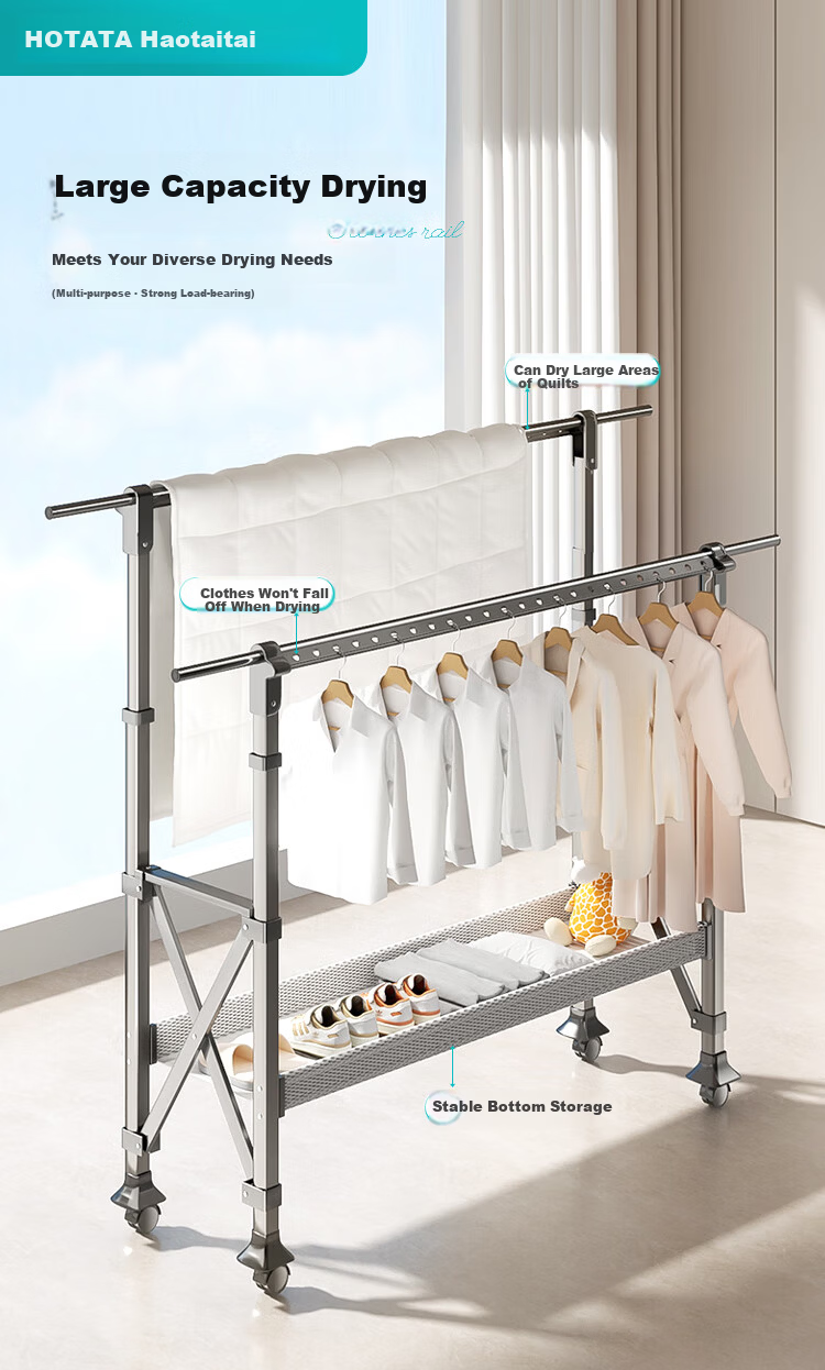 Hotata Floor-Standing Clothes Drying Rack Home Adjustable Double Rod with Drying Net Universal Wheels Mobile Outdoor H-Frame Drying Rack 1