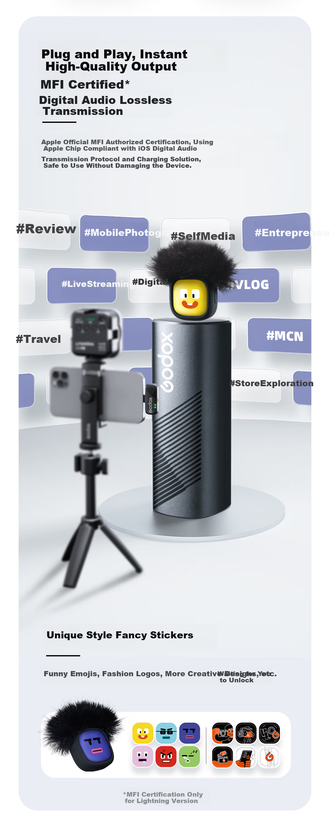 Godox Cube Wireless Lavalier Microphone Lightning Version for iPhone, One-to-Two Mini Wireless Lapel Mic for Live Streaming, Vlog Recording, Mini Button Microphone 3