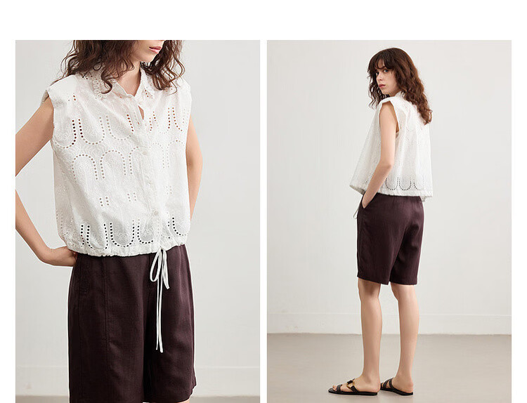 Demana Oxygen Pure Cotton Summer Elegant Lace Embroidered Hollow-out Short Shirt with Designed Collar for Women 7